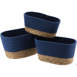 SET DE 3 PANIERS RECTANGLES COTON/BLEU/NATUREL
