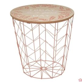 TABLE AVEC RANGEMENT EN METAL ROSE ET BOIS