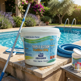 CHLORE MULTIFONCTION EN PASTILLES TRIPLE ACTION POUR PISCINE SEAU 5 KG GALETS 200 GR AQUASWIM