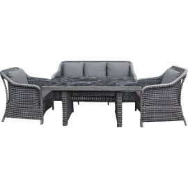 SALON DE JARDIN EN RÉSINE TRESSÉE GRIS LOFT AVEC CANAPÉ 3 PLACES, 2 FAUTEUILS ET TABLE HAUTE EN VERRE TREMPÉ