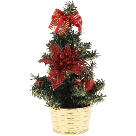 SAPIN DE TABLE DÉCORÉ AVEC FLEURS ET BOULES HAUTEUR 20 CENTIMÈTRES