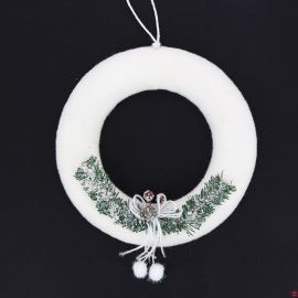 COURONNE EN POLYSTER DECO SAPIN/PONPON 24CM