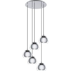 SUSPENSION LUMINAIRE DESIGN EN ACIER CHROMÉ ROCAMAR 5 ABAT-JOURS VERRE TRANSPARENT