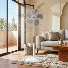 VENTILATEUR SUR PIED BLANC KRÖHLER DIAMÈTRE 40 CM 45 W 3 LAMES 3 VITESSES OSCILLATION RÉGLABLE