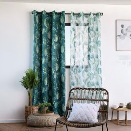 RIDEAU OCCULTANT VERT AVEC MOTIFS FEUILLAGES TROPICAUX 140 X 260 CM EN POLYESTER AVEC ŒILLETS PRÊT À POSER