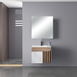 MEUBLE DE SALLE DE BAIN 60 CM BLANC ET BOIS AVEC VASQUE EN CÉRAMIQUE ET MIROIR ASSORTI
