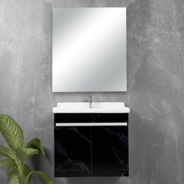 MEUBLE DE SALLE DE BAIN 60 CM EFFET MARBRE NOIR AVEC VASQUE EN CÉRAMIQUE BLANCHE ET MIROIR ASSORTI