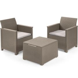 SALON DE JARDIN KETER EMMA 2 FAUTEUILS EN RÉSINE AVEC TABLE BASSE COFFRE DE RANGEMENT BEIGE