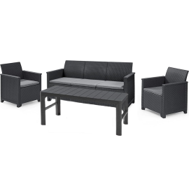 SALON DE JARDIN KETER EMMA 5 PLACES EN RÉSINE TRESSÉE GRIS GRAPHITE AVEC TABLE BASSE REHAUSSABLE ET COUSSINS