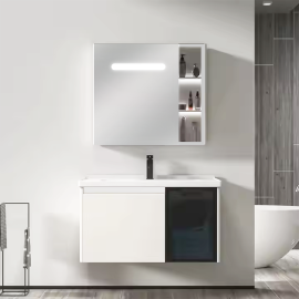 MEUBLE DE SALLE DE BAIN 60CM BLANC PLYWOOD + MIROIR + VASQUE