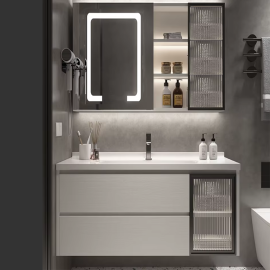 MEUBLE DE SALLE DE BAIN 80 CM BLANC ET NOIR PLYWOOD + VASQUE + MIROIR