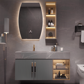MEUBLE DE SALLE DE BAIN GRIS PLYWOOD 80 CM AVEC COLONNE ROCK ET MIROIR