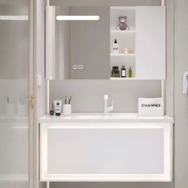 MEUBLE SDB BLANC PLYWOOD 60 CM AVEC RANGEMENT ET MIROIR