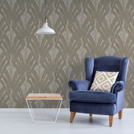 PAPIER PEINT FEUILLES TROPICALES BEIGE ET DORÉ ART DÉCO