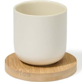 LOT DE 4 TASSES À CAFÉ AVEC SOUS-TASSES EN BAMBOU ET CÉRAMIQUE BLANCHE