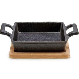 PETITE POÊLE CARRÉE EN FONTE AVEC PLATEAU EN BAMBOU