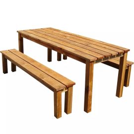 ENSEMBLE TABLE DE JARDIN ET DEUX BANCS EN BOIS BANKET 6 PERSONNES
