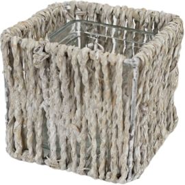 PORTE-BOUGIES À RÉCHAUD VINSLO BLANC EN MÉTAL ET OSIER 10,5 CM AVEC SUPPORT EN VERRE AMOVIBLE