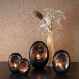 PHOTOPHORE OEUF EN MÉTAL NOIR MAT ET LAITON 28,5 CM