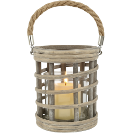 LANTERNE TEMPÊTE DÉCORATIVE EN BOIS ET OSIER GRIS MARRON 18 CM POUR BOUGIE