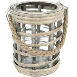 LANTERNE TEMPÊTE DÉCORATIVE EN BOIS ET OSIER GRIS MARRON 18 CM POUR BOUGIE