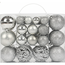 BOÎTE DE 44 BOULES DE NOËL ARGENTÉES DIAMÈTRES 6CM 4CM ET 3CM POUR SAPIN