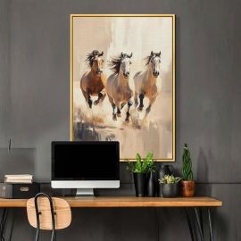 TABLEAU HANDMADE CHEVAUX SUR TOILE ARTISTIQUE DELUXE AVEC CADRE AMÉRICAIN DORÉ SATINÉ L60 X H90 CM