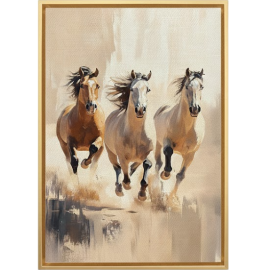TABLEAU HANDMADE CHEVAUX SUR TOILE ARTISTIQUE DELUXE AVEC CADRE AMÉRICAIN DORÉ SATINÉ L60 X H90 CM