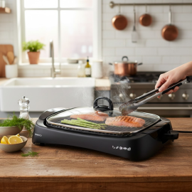 BARBECUE ET PLANCHA ÉLECTRIQUE 1700 WATTS AVEC COUVERCLE EN VERRE NOIR ET ARGENT KENWOOD