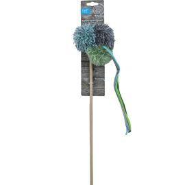 JOUET POUR CHAT SUR BATON EN BOIS AVEC BALLES ET RUBANS BLEU ET VERT 40 CM