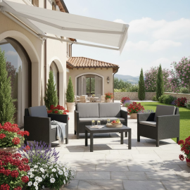 SALON DE JARDIN 4 PLACES EN RÉSINE TRESSÉE EFFET ROTIN PLAT KETER CHICAGO GRAPHITE AVEC TABLE BASSE