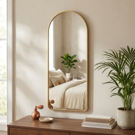 MIROIR MURAL RECTANGULAIRE À ANGLES ARRONDIS 100 X 40 CENTIMÈTRES CADRE DORÉ