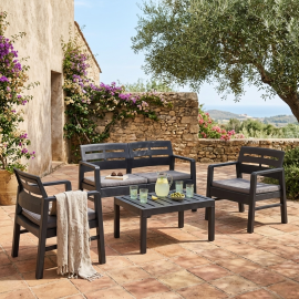 SALON DE JARDIN 4 PLACES JAVA EN RÉSINE ASPECT ROTIN ANTHRACITE AVEC CANAPÉ 2 PLACES, 2 FAUTEUILS, TABLE BASSE ET COUSSINS