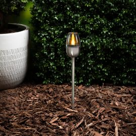 TORCHE SOLAIRE DE JARDIN EFFET FLAMME LED GRUNDIG EN ACIER INOXYDABLE 6,2 X 38 CM ÉCLAIRAGE EXTÉRIEUR COLORIS ARGENT ET NOIR