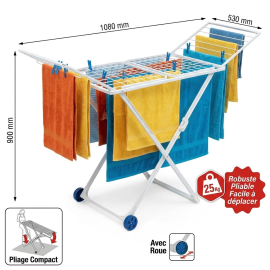 SÉCHOIR À LINGE PLIABLE EN RÉSINE 20 MÈTRES AVEC AILES ET ROUES BLANC