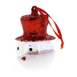 BOULE DE NOEL EN VERRE BONHOMME DE NEIGE AVEC CHAPEAU REMPLIE DE BOULES BLANCHES 7x10 CM COULEUR ROUGE