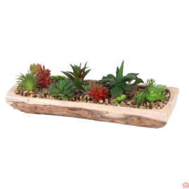 SUCCULENTE ARTIFICIELLE AVEC GRAVIER ET SUPPORT BOIS 35X15X11CM