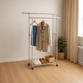 PORTE-VÊTEMENTS TÉLESCOPIQUE DOUBLE EN ACIER INOXYDABLE AVEC ROULETTES