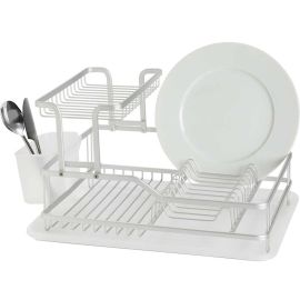 ÉGOUTTOIR À VAISSELLE EN ALUMINIUM À DEUX NIVEAUX AVEC PLATEAU ET PORTE-USTENSILES ARGENTÉ 59.7X35X27.3 CM
