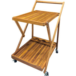 DESSERTE EN BOIS D’ACACIA À ROULETTES AVEC PLATEAU ET PORTE-BOUTEILLES