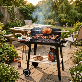 BARBECUE RECTANGULAIRE SUR PIED AVEC ROUES ET POIGNÉES EN BOIS 83 X 45 X 87 CENTIMÈTRES NOIR