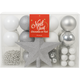 SUSPENSION DE NOËL BOÎTE DE 44 PIÈCES BOULES ET CIMIER ANTARES ARGENT ET BLANC