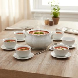 SERVICE À SOUPE EN PORCELAINE BLANCHE 15 PIÈCES AVEC SOUPIÈRE COUVERTE ET BOLS ASSORTIS