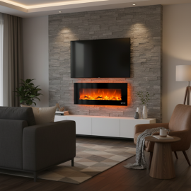 CHEMINÉE ÉLECTRIQUE ENCASTRABLE ET MURALE AVEC FLAMME RÉALISTE 152 CM NOIR VERRE TREMPÉ