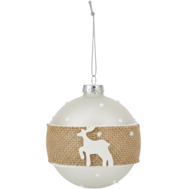 BOULE DE NOËL OPAQUE BLANCHE AVEC DÉCORATION EN JUTE DIAMÈTRE 8 CM