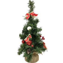 SAPIN DE TABLE DÉCORÉ AVEC BOULES ROUGES ET BLANCHES, NOEUDS ET PIN 40CM