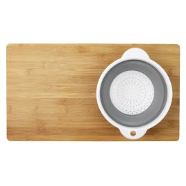 PLANCHE À DÉCOUPER EN BAMBOU AVEC PASSOIRE RÉTRACTABLE INTÉGRÉE 2 EN 1