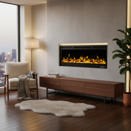 CHEMINÉE ÉLECTRIQUE ENCASTRABLE ET MURALE 128 CM EN VERRE TREMPÉ AVEC FLAMMES RÉALISTES ET TÉLÉCOMMANDE 1400W