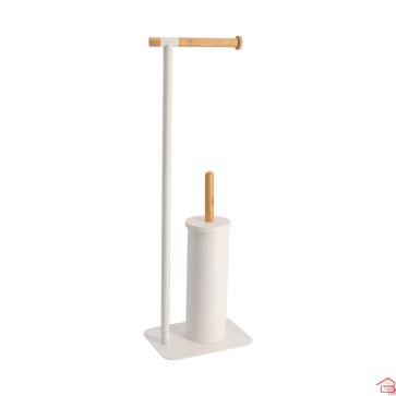 BROSSE ET DEROULEUR PAPIER WC EN BAMBOU ET METAL BLANC 