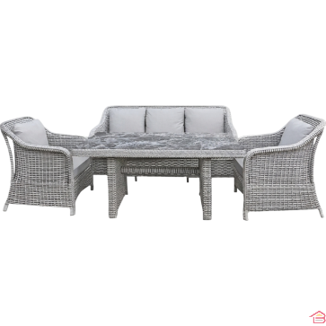 SALON DE JARDIN LOFT EN RÉSINE TRESSÉE GRIS AVEC CANAPÉ 3 PLACES, 2 FAUTEUILS ET TABLE HAUTE EN VERRE TREMPÉ EFFET MARBRE